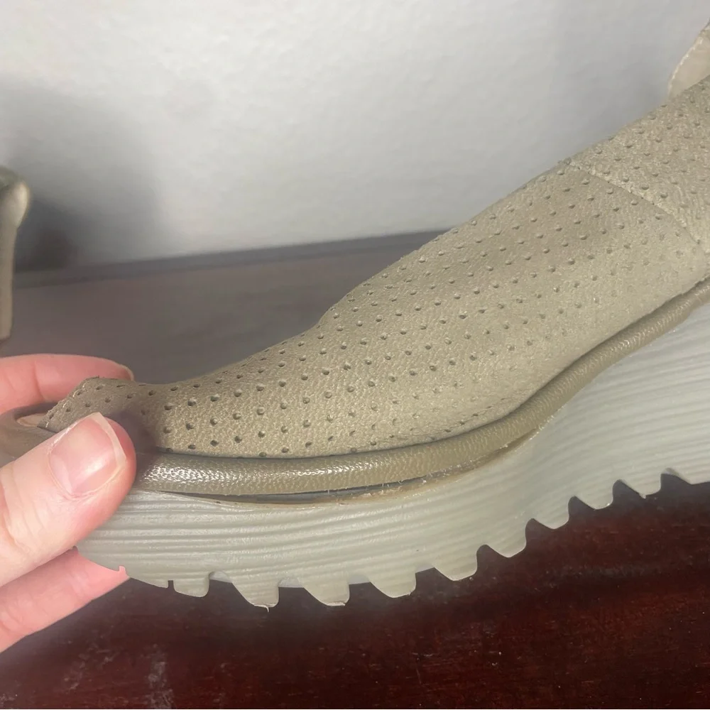 Fly London Beige Perforated Ankle-Strap Wedge Sandals